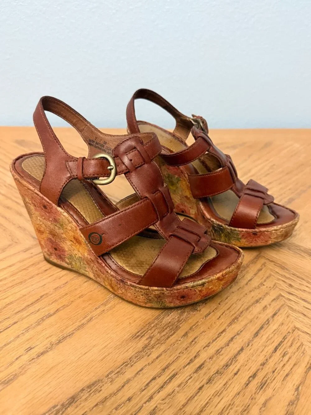 Born Brown Leather Sandals Multicolor Floral Cork 4.25 Inch Wedge Heels